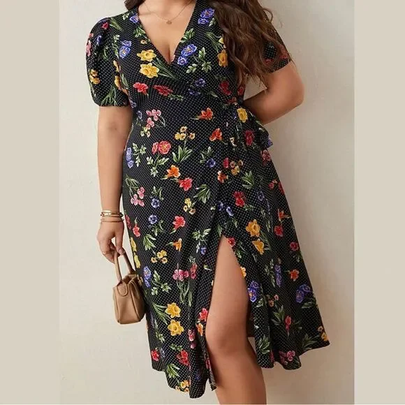 Black Wrap Dress by Shein Curve Frenchy Floral Printed Puff Sleeve Knotted 4X - Picture 4 of 13